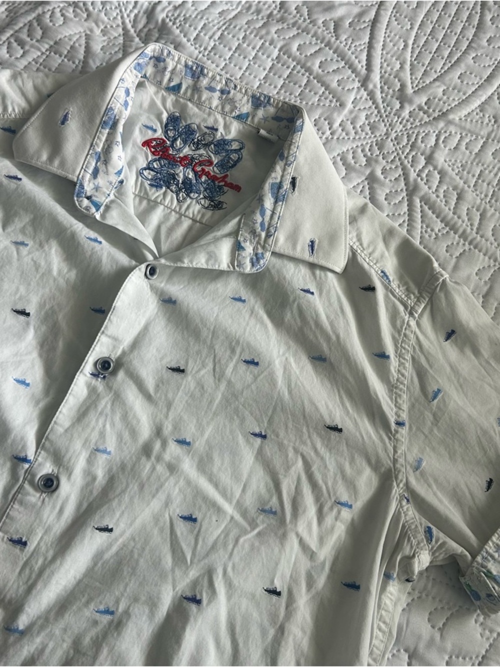 Robert Graham Short Sleeve White Shirt with Blue Embroidered Sneakers